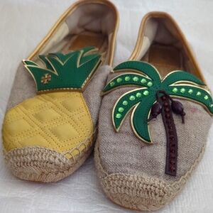 TORY BURCH 9 M Tropical Themed Espadrilles with Pineapple and Palm Tree